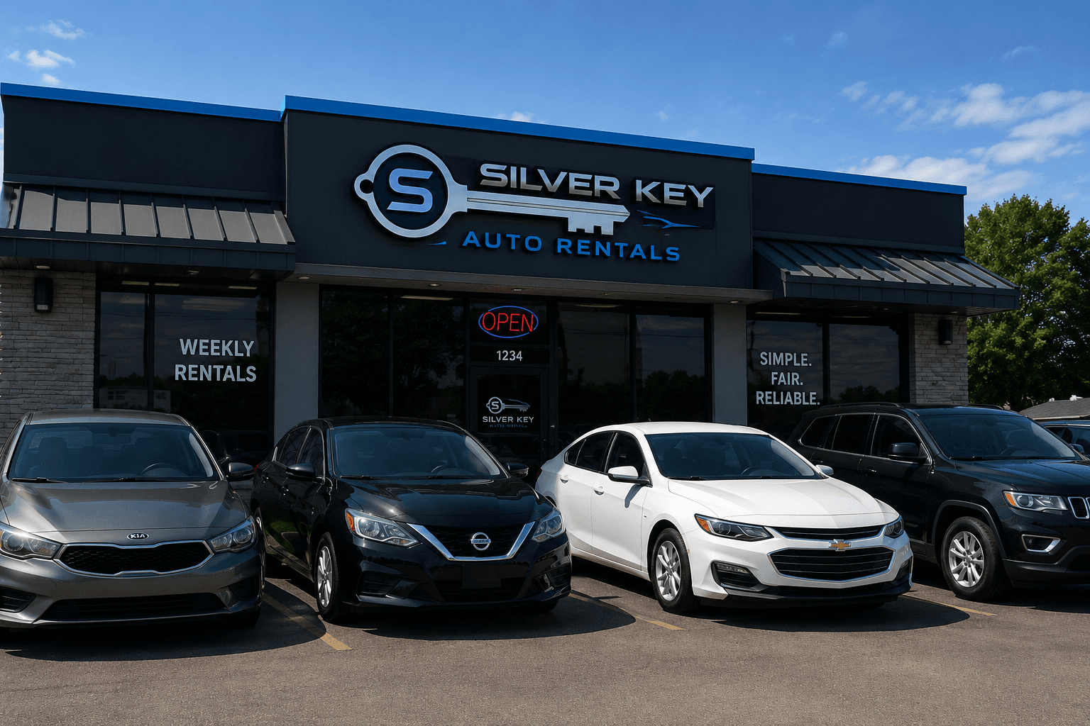 Silver Key Auto Rentals storefront with various parked cars under a bright blue sky.