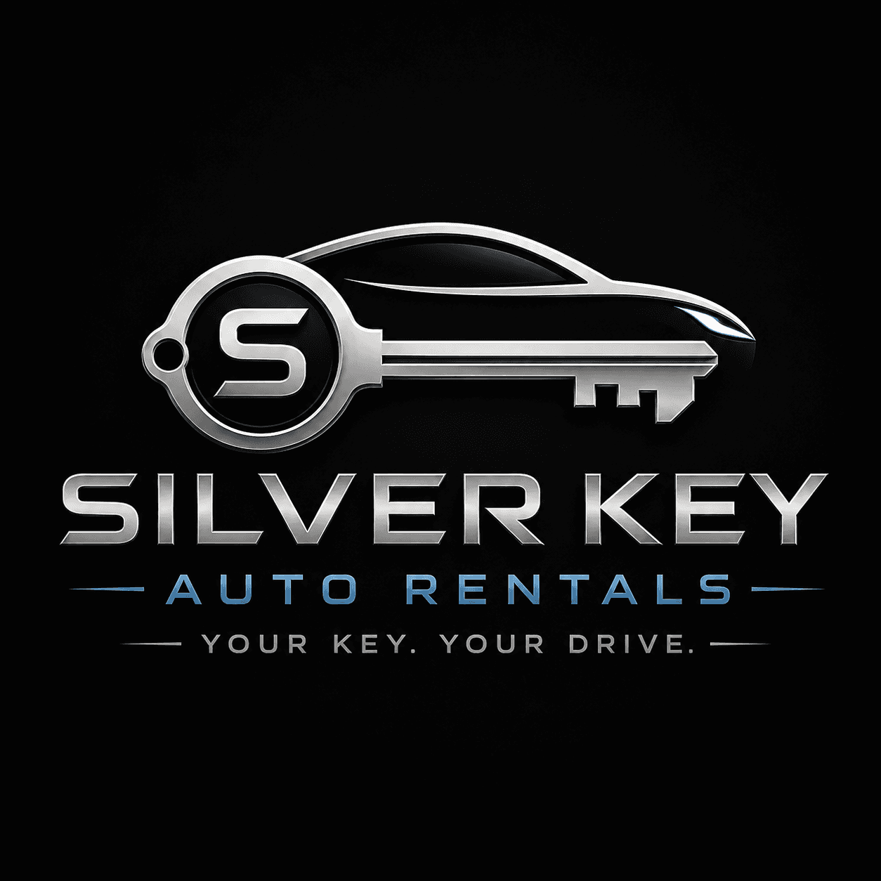 Silver Key Auto Rentals logo featuring a metallic key integrated into a car silhouette design.